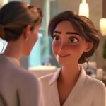 Esteticista profesional gestionando una situación con una clienta estilo 3D Pixar