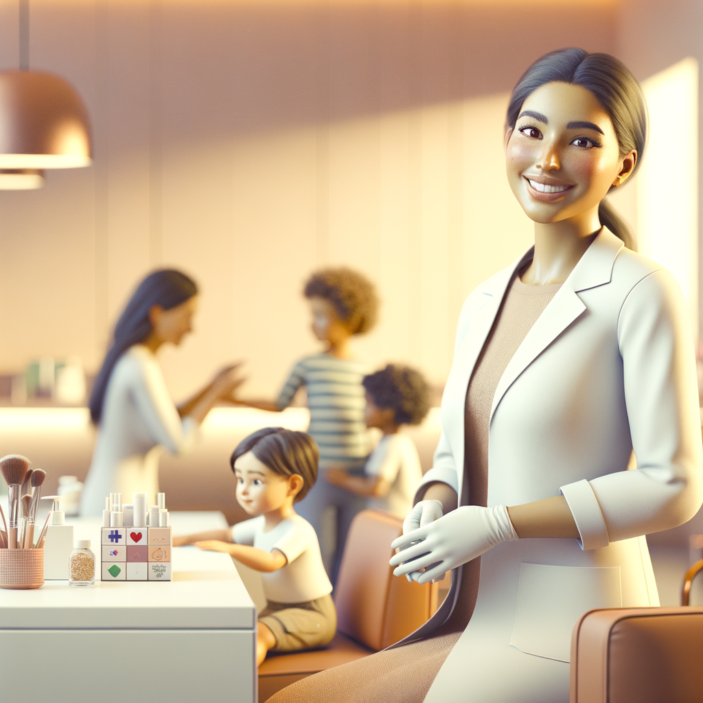 Esteticista madre trabajando en su centro de belleza con sus hijos cerca, estilo 3D Pixar, conciliación familiar profesional