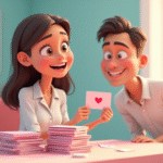 Esteticista con tarjetas de fidelización, humor 3D cartoon