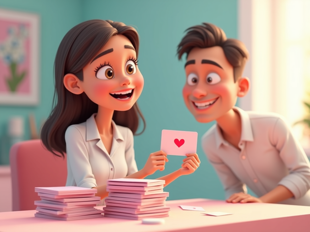 Esteticista con tarjetas de fidelización, humor 3D cartoon