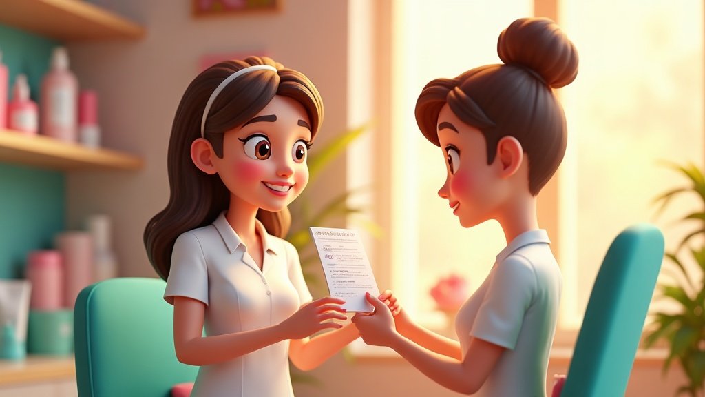 Aesthetician presenting a budget to a smiling client in a pastel beauty salon - EMDUE